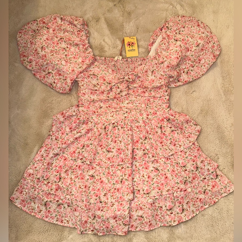Entro Pink Floral Print Tiered Mini Dress
